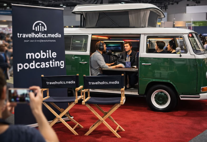 Podcast Studio VW-Bus mit geöffnetem Dach, zwei Personen im Inneren, Banner mit der Aufschrift "mobile podcasting", zwei Regiestühle, Person macht ein Foto.