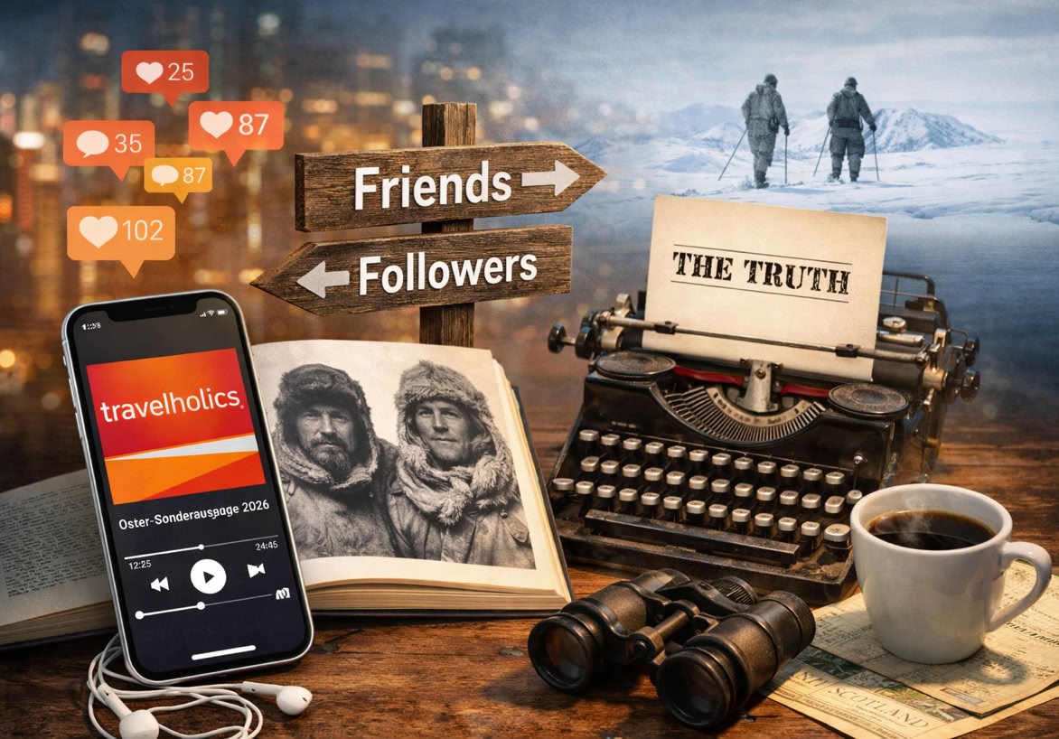 Ein Smartphone mit einer Podcast-App, ein altes Buch mit einem Foto, eine Schreibmaschine mit einem Blatt Papier, auf dem "The Truth" steht, ein Fernglas, eine Tasse Kaffee, ein Holzschild mit den Worten "Friends" und "Followers", und zwei Personen, die im Schnee gehen.